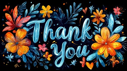 Hand drawn thank you lettering with colorful floral design