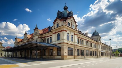 Obraz premium Plzeň, Czech Republic: Newly renovated historical main railway station of Czech Railways, featuring a parking lot, entrance hall, track, and subway