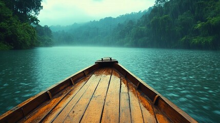 Fototapeta premium Riding on a wooden boat in the drizzle
