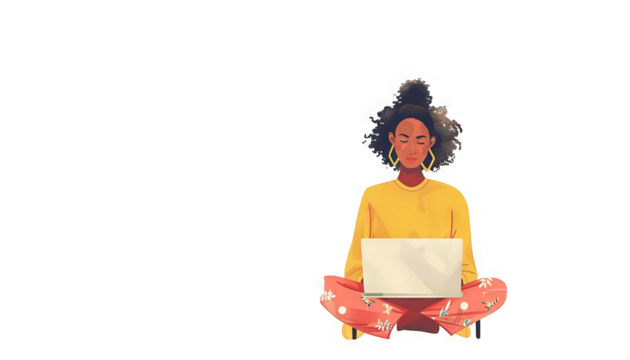 A woman is working on her laptop in a casual setting. She's sitting down with her legs crossed and is focused on the screen. She is wearing a yellow sweater and red pants.