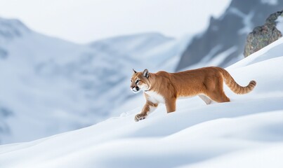 A brown and white cat is walking on a snowy mountain