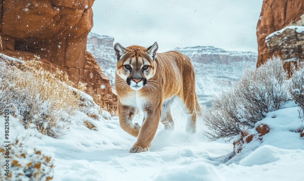 Wall mural A large brown cat is walking through the snow in a rocky area