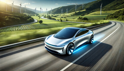Naklejka premium futuristic eco-friendly car a wide highway