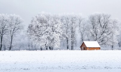 A small cabin sits in a snowy field