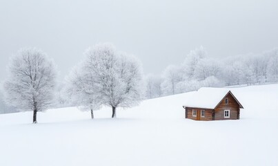 A small cabin is in the snow next to a field of trees