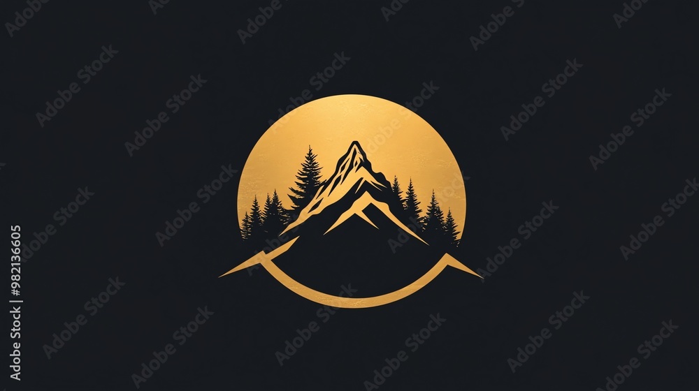 Poster silhouette of a mountain range with trees and a gold circle behind it.