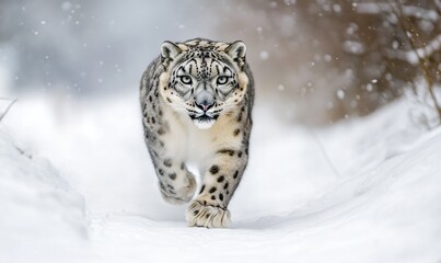 Fototapeta premium A snow leopard is running through the snow