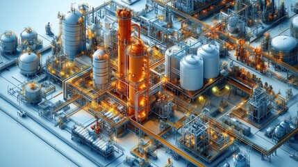 Industrial facility with pipes, tanks, and processing equipment.