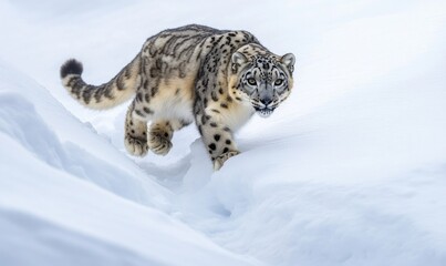 A snow leopard is walking through the snow