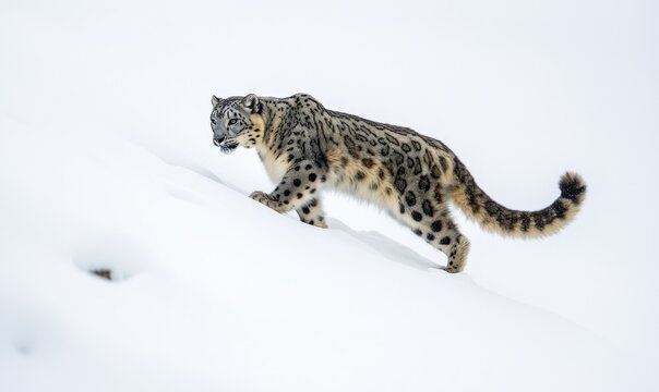A snow leopard is walking on a snowy hill
