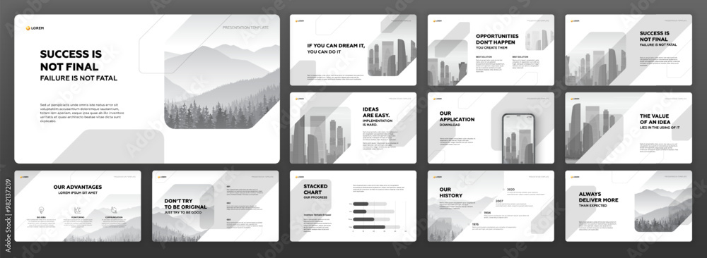 Wall mural minimalistic powerpoint presentation template set. modern keynote presentation background, brochure 