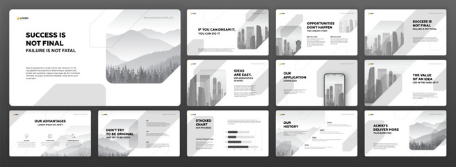 Minimalistic Powerpoint presentation template set. Modern Keynote presentation background, brochure cover design, brand guidelines, proposal presentation, annual report, company profile, pitch deck.