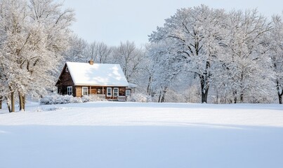 A small cabin is surrounded by snow and trees