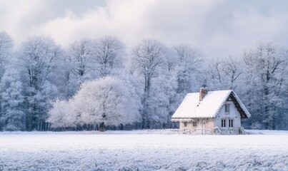 A small white house sits in a snowy field