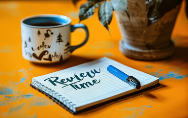 Ring Binder with 'Review Time', Coffee Mug, and Plant
