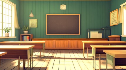 An empty, retro-style classroom with wooden desks and a chalkboard.