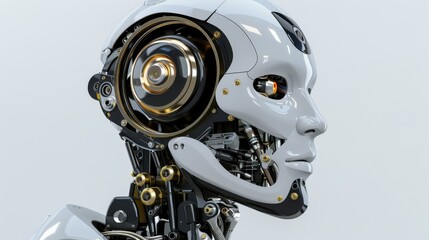 Fototapeta premium Close-Up, Realistic 3d Render of Humanoid Robot Head, Sci-Fi Concept, Future Technology