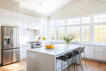 A white kitchen with streamlined cabinets and appliances in high-gloss white or stainless steel