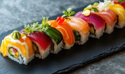 A long roll of sushi with a variety of colorful ingredients