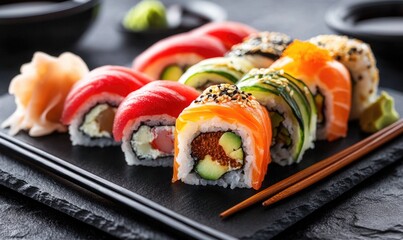 A plate of sushi with a variety of colors and textures