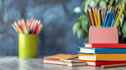 A stack of colorful books sits on a desk with pencils and a plant in the background.