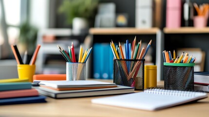 A desk with colorful pencils, pens, and notebooks, perfect for a student or artist.