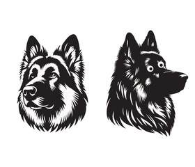 German Shepherd dog breed head vector illustration. Pet portrait in style of hand drawn black doodle on white background