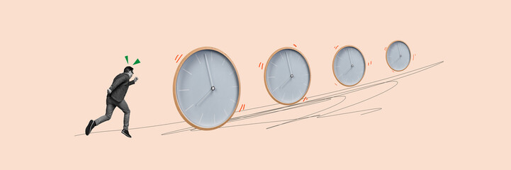 Composite panoramic collage of anonym man run work late clock dial deadline limit time management...