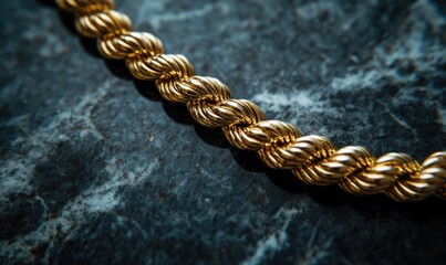 A twisted rope-style gold chain, resting on a dark marble background, photographed in macro detail, luxurious, intricate, elegant, f/1.8 --ar 5:3 --v 6.1 Job ID: 0e37cca7-f9dd-4671-bdec-31b2a225d9ea