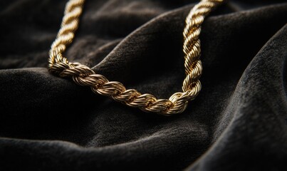 A gold chain necklace is laying on a black cloth