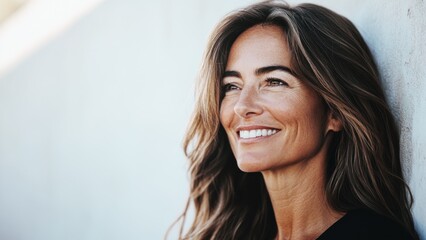 confident mature woman smiling outdoors, enjoying sunlight with natural beauty and long flowing hair, healthy skin - Powered by Adobe