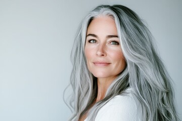 mature aging women over 50 with long gray hair smiling confidently against a light gray background, natural beauty, copy space