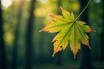 A beautiful maple leaf is gracefully hanging from a tree branch in the woods