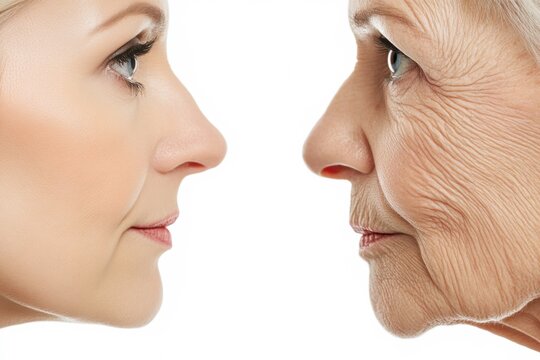 Profile comparison of woman at 30 and 70 years old, illustrating smooth youthful skin and natural aging with wrinkles, showcasing aging process and skin changes over time