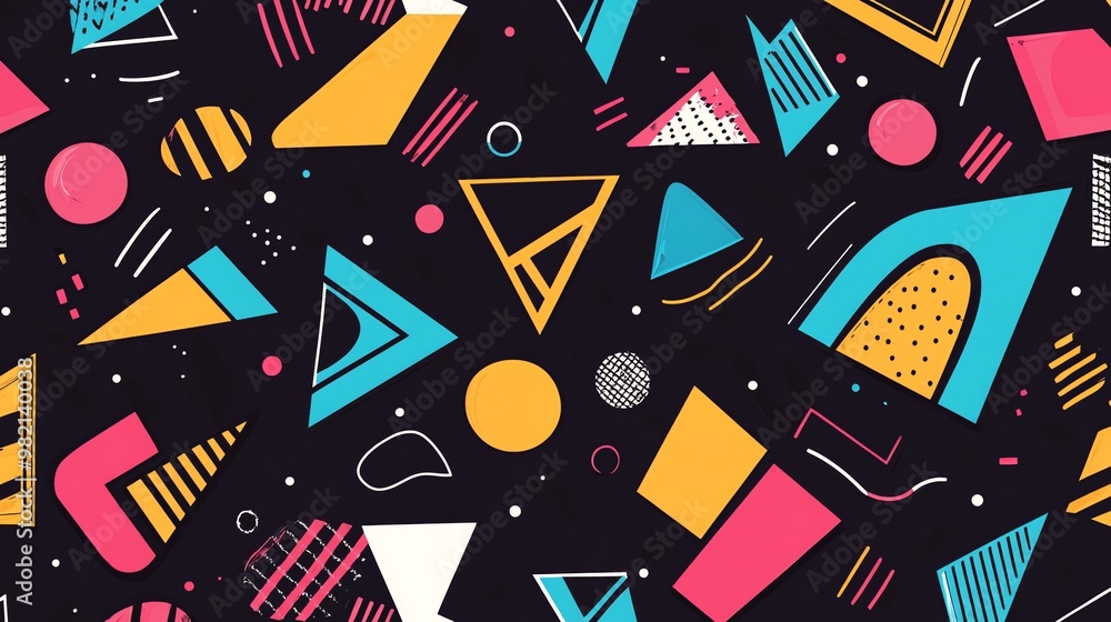 Poster a colorful, geometric pattern featuring various shapes in a retro 80s style.