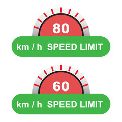 set of  speed limit sign icon kmh symbol label warning circle shape isolated on white. 