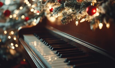 A piano is lit up with Christmas lights and surrounded by a tree