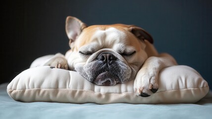 Bulldog snoring on an automatic pet pillow with noise-canceling features - comfort-focused pet tech