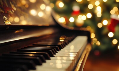 A piano is lit up with Christmas lights and a tree in the background