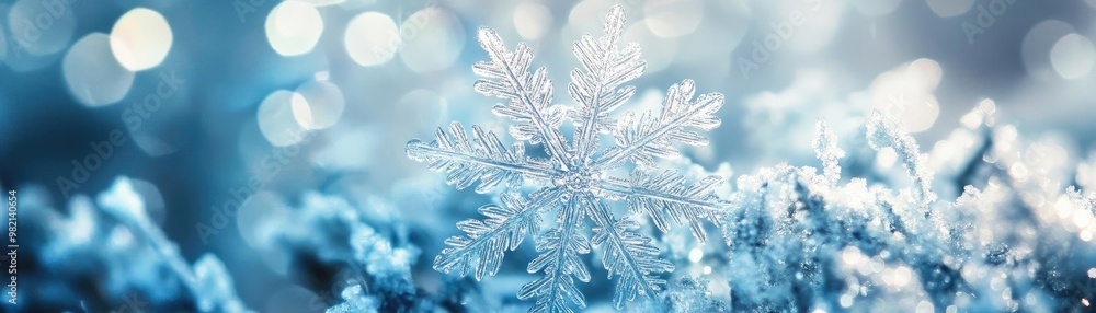 Poster a beautiful close-up of a snowflake resting on a soft blanket of snow, capturing the intricate detai