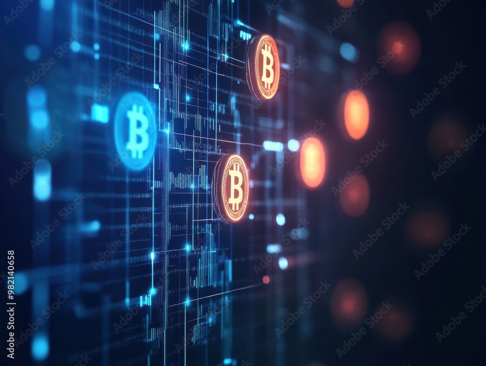 Aufkleber abstract representation of cryptocurrency with glowing bitcoin symbols on a digital network backgrou