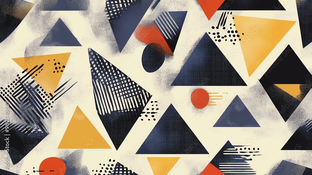 Poster an abstract geometric pattern with triangles, circles, and textures in a vibrant color scheme.