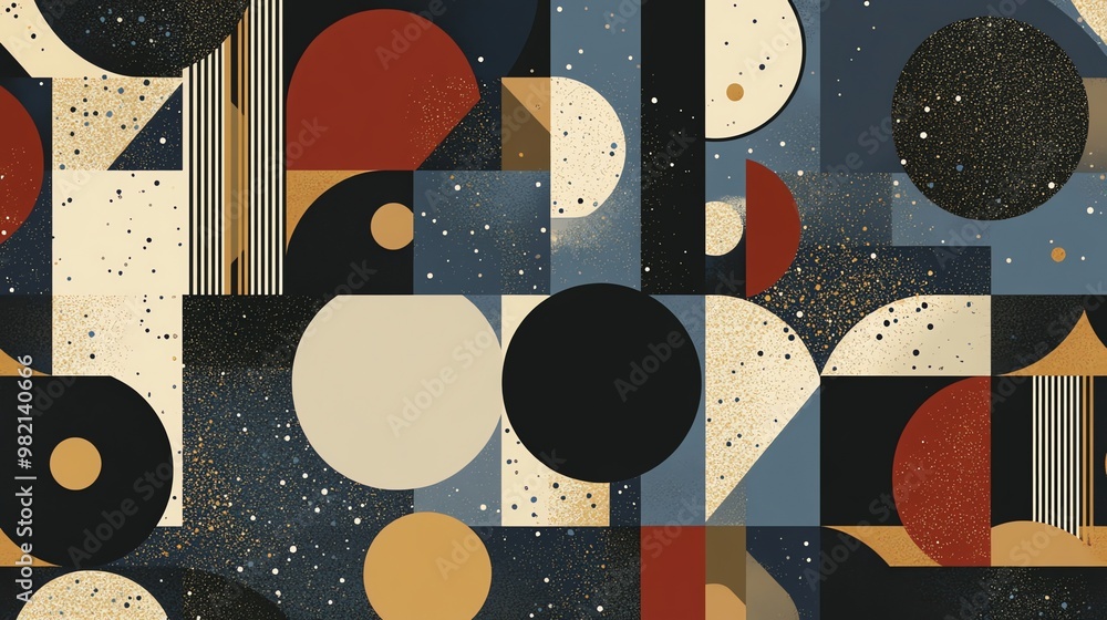Poster abstract geometric pattern with circles, squares, and triangles in muted colors.
