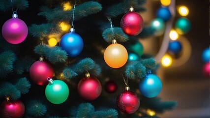 Colorful baubles adorn a green Christmas tree, creating a festive holiday atmosphere.