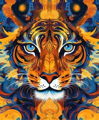 A vibrant, artistic depiction of a tiger's face, showcasing intricate patterns and colors.