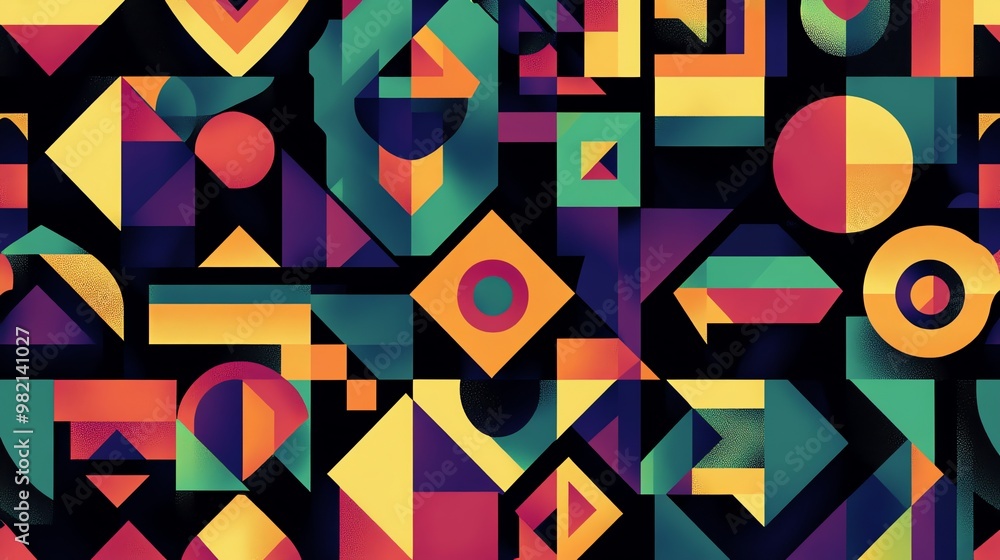 Poster abstract geometric pattern with colorful shapes on a black background.