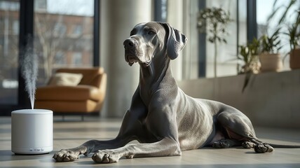 Great Dane relaxing in a large room with an automatic scent diffuser - soothing pet tech