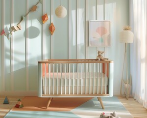 A modern nursery with a crib changing table and playful decor all in soft pastel colors