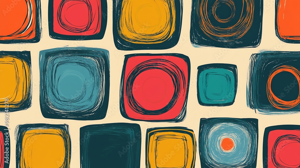 Poster Abstract pattern of colorful circles and squares with a hand-drawn style.