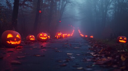 Spooky Halloween Path with Glowing Pumpkins in a Foggy Forest